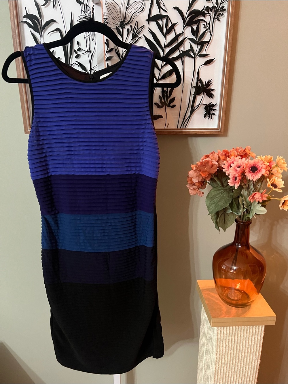 Calvin Klein Black Blue Purple Sleeveless Colorblock Pleated Sheath Dress Size S